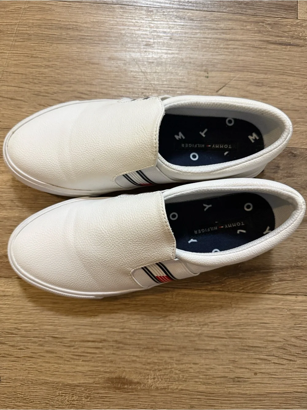 Tommy Hilfiger White Slip-On Loafers with Red & Blue Stripe